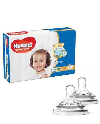 HUGGIES ULTRA COMFORT 4+ Pieluchy 10-16 kg - 46 szt. + AVENT NATURAL Smoczek do gęstych pokarmów 6 m+ - 2 szt. - Apteka internetowa Melissa