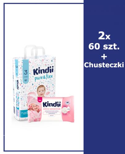 KINDII PURE&FLEX Pieluchy midi, rozm. 3 (4-9 kg) - 2 x 60 szt. + CLEANIC KINDII ULTRA SENSITIVE Chusteczki bezzapachowe do skóry wrażliwej - 60 szt. - Apteka internetowa Melissa