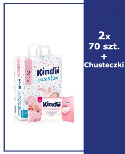 KINDII PURE&FLEX Pieluchy mini, rozm. 2 (3-6 kg) - 2 x 70 szt. + CLEANIC KINDII ULTRA SENSITIVE Chusteczki bezzapachowe do skóry wrażliwej - 60 szt. - Apteka internetowa Melissa