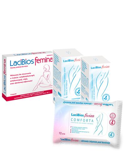  LACIBIOS FEMINA Doustny probiotyk ginekologiczny - 10 kaps.+ LACIBIOS FEMINA Żel do codziennej pielęgnacji skóry okolic intymnych - 2 x 30 ml +  LACIBIOS FEMINA COMFORTA Chusteczki do higieny intymnej - 12 szt. - Apteka internetowa Melissa  