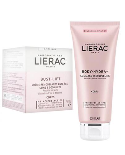 LIERAC BUST LIFT Modelujący krem do biustu i dekoltu - 75 ml + LIERAC BODY-HYDRA+ Mikropeeling - 200 ml - Drogeria Melissa