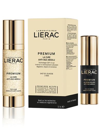 LIERAC PREMIUM Kuracja uderzeniowa dawka młodości 28 dni - 30 ml + LIERAC PREMIUM Przeciwstarzeniowy krem pod oczy - 15 ml - Drogeria Melissa