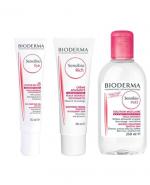 BIODERMA SENSIBIO EYE Kremowy żel pod oczy - 15 ml + SENSIBIO RICH Krem łagodzący o bogatej konsystencji do skóry wrażliwej - 40 ml + SENSIBIO H2O Płyn micelarny do oczyszczania twarzy i zmywania makijażu - 250 ml