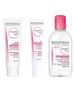 BIODERMA SENSIBIO LIGHT Krem łagodzący o lekkiej konsystencji do skóry wrażliwej - 40 ml + SENSIBIO EYE Kremowy żel pod oczy - 15 ml + SENSIBIO H2O Płyn micelarny do oczyszczania twarzy i zmywania makijażu - 250 ml