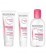 BIODERMA SENSIBIO MASK Maseczka o działaniu łagodząco-nawilżającym do skóry wrażliwej - 75 ml + SENSIBIO FORTE Krem o natychmiastowym działaniu łagodzącym - 40 ml + SENSIBIO H2O Płyn micelarny do oczyszczania twarzy i zmywania makijażu - 250 ml 