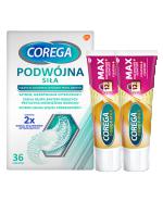 COREGA PODWÓJNA SIŁA Tabletki do czyszczenia protez zębowych, 36 tabl. + COREGA MAX MOCOWANIE + KOMFORT, 2 x 40 g, cena, opinie, wskazania