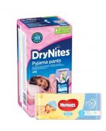 HUGGIES DRYNITES Pieluchomajtki dla dziewczynki 4-7 lat 17-30 kg - 10 szt. + HUGGIES PURE Chusteczki nawilżane - 56 szt.