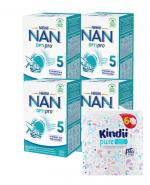 Nestle Nan Optipro 5 Mleko modyfikowane wzbogacone w witaminy i składniki mineralne dla dzieci po 2,5 roku życia, 4 x 650 g + CLEANIC KINDII PURE Chusteczki do skóry wrażliwej - 6 x 60 szt.