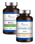  Super Labs Ashwagandha, 60 kaps., na stres i zmęczenie + Super Labs Vitamin B12, 90 kaps