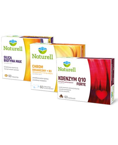 NATURELL KOENZYM Q10 FORTE - 60 kaps. + NATURELL Chrom organiczny + B3 - 60 tabl. + NATURELL SILICA BIOTYNA MAX - 60 tabl. 