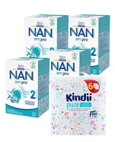  Nestle Nan Optipro 2 Mleko początkowe dla niemowląt powyżej 6. miesiąca, 4 x 650 g + CLEANIC KINDII PURE Chusteczki do skóry wrażliwej - 6 x 60 szt. - Apteka internetowa Melissa  