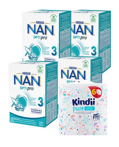  Nestle Nan Optipro 3 Mleko modyfikowane wzbogacone w witaminy i składniki mineralne dla dzieci po 1 roku życia, 4 x 650 g + CLEANIC KINDII PURE Chusteczki do skóry wrażliwej - 6 x 60 szt. - Apteka internetowa Melissa  