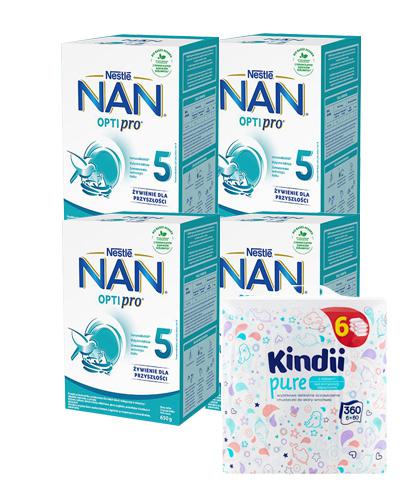  Nestle Nan Optipro 5 Mleko modyfikowane wzbogacone w witaminy i składniki mineralne dla dzieci po 2,5 roku życia, 4 x 650 g + CLEANIC KINDII PURE Chusteczki do skóry wrażliwej - 6 x 60 szt. - Apteka internetowa Melissa  