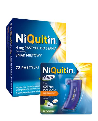  NIQUITIN Pastylki do ssania na rzucenie palenia o smaku miętowym 4 mg, 72 szt. + NIQUITIN MINI 4 mg, 20 tabl. - Na rzucanie palenia - Apteka internetowa Melissa  