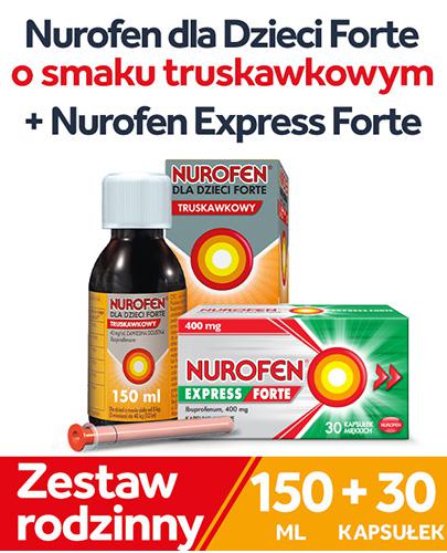  Nurofen dla dzieci Forte ibuprofen 200 mg 5 ml smak truskawkowy zawiesina, 150 ml + Nurofen Express Forte ibuprofen 400 mg na ból i gorączkę kapsułki, 30 kapsułek  - Apteka internetowa Melissa  