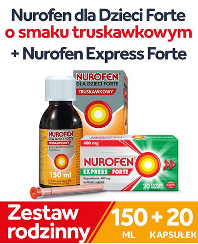 Nurofen dla dzieci Forte ibuprofen 200 mg 5 ml smak truskawkowy zawiesina, 2 x 150 ml + Nurofen Express Forte ibuprofen 400 mg na ból i gorączkę kapsułki, 20 kapsułek