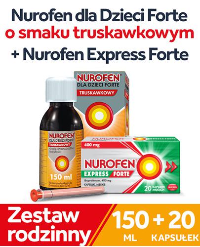 Nurofen dla dzieci Forte ibuprofen 200 mg 5 ml smak truskawkowy zawiesina, 2 x 150 ml + Nurofen Express Forte ibuprofen 400 mg na ból i gorączkę kapsułki, 20 kapsułek - Apteka internetowa Melissa  