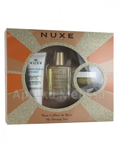 NUXE HUILE PRODIGIEUSE Suchy olejek - 30 ml + CREME FRAICHE DE BEAUTE 24-godzinny nawilżający i kojący krem - 30 ml + REVE DE MIEL Odżywczy balsam do ust - 15 g - Apteka internetowa Melissa