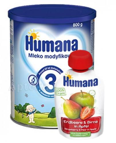 HUMANA 3 Mleko modyfikowane w proszku - 800 g + HUMANA 100% ORGANIC Mus Jabłko-Gruszka-Truskawka po 8 miesiącu - 90 g - Apteka internetowa Melissa