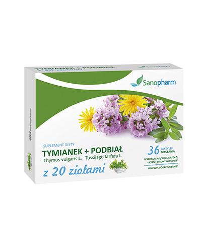 Sanopharm Tymianek + Podbiał z 20 ziołami - 36 past. Na ból gardła - cena, opinie, właściwości - Apteka internetowa Melissa  