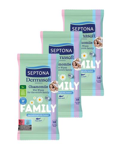 Septona Dermasoft Family Chamomile Chusteczki nawilżane, 3 x 12 szt.