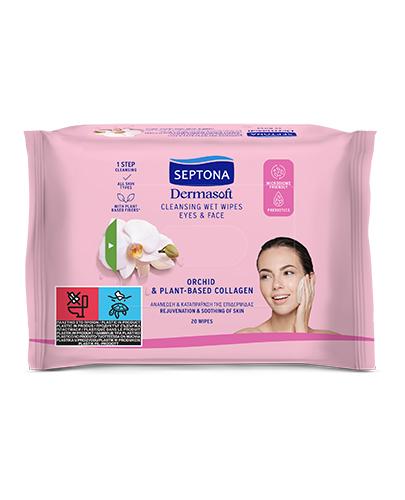 Septona Dermasoft Oczyszczające Chusteczki nawilżane z orchideą i kolagenem roślinnym do twarzy i oczu, 20 sztuk