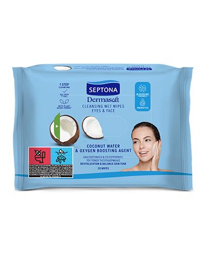  Septona Dermasoft Oczyszczające Chusteczki nawilżane z wodą kokosową do twarzy i oczu, 20 sztuk - Apteka internetowa Melissa  