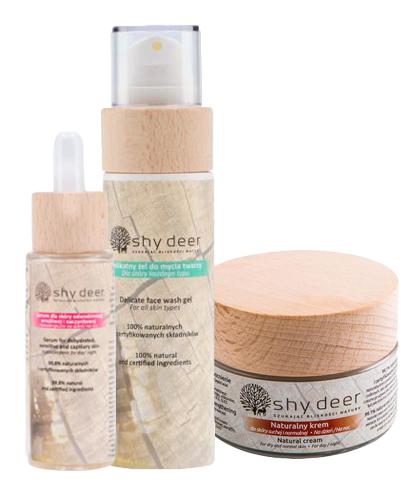 Shy Deer Naturalny krem dla skóry suchej i normalnej - 50 ml + Delikatny żel do mycia twarzy dla skóry każdego typu - 100 ml + Serum dla skóry odwodnionej, wrażliwej i naczynkowej - 30 ml - Drogeria Melissa