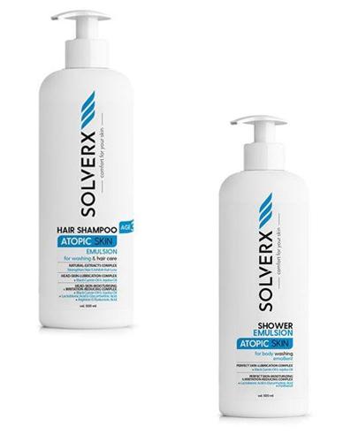  SOLVERX ATOPIC SKIN Szampon do włosów w postaci emulsji do skóry atopowej - 500 ml + SOLVERX ATOPIC SKIN Żel pod prysznic w postaci emulsji do skóry atopowej - 500 ml - Apteka internetowa Melissa  