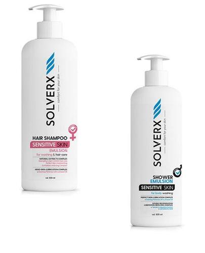  SOLVERX SENSITIVE SKIN FOR WOMEN Szampon do włosów w postaci emulsji do skóry wrażliwej - 500 ml + SOLVERX SENSITIVE SKIN FOR MEN Żel pod prysznic w postaci emulsji do skóry wrażliwej - 500 ml - Apteka internetowa Melissa  