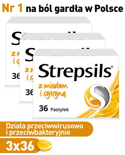 Strepsils z miodem i cytryną, Na ból gardła, 3 x 36 pastylek do ssania, cena, opinie, właściwości - Apteka internetowa Melissa