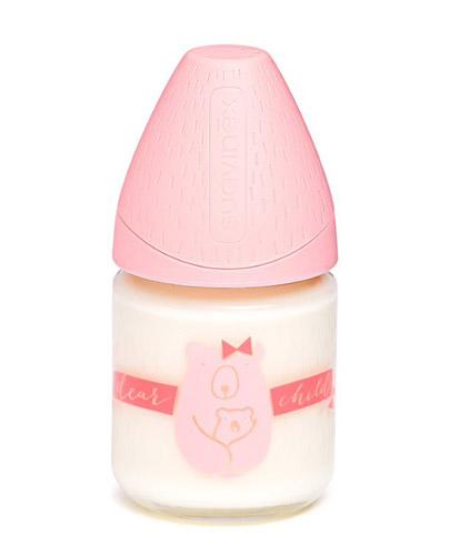  Suavinex Szklana butelka do karmienia z silikonowym smoczkiem 0m+ różowy miś - 120 ml - cena, opinie, stosowanie  - Apteka internetowa Melissa  