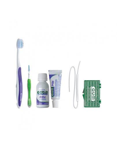 Sunstar Gum Zestaw Ortodontyczny Ortho Pasta, 12 ml + Płyn do płukania, 30 ml + Szczoteczka do zębów, 1 szt. + Wosk, 1 szt. + Nić, 5 szt. + Szczoteczka międzyzębowa Trav Ler, 1 szt. + Szczoteczki międzyzębowe Soft Picks, 2 szt.