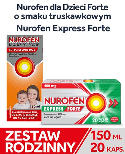  Zestaw Rodzinny, Nurofen dla dzieci Forte ibuprofen 200 mg 5 ml smak truskawkowy zawiesina, 150 ml + Nurofen Express Forte ibuprofen 400 mg na ból i gorączkę kapsułki, 20 sztuk - Apteka internetowa Melissa  